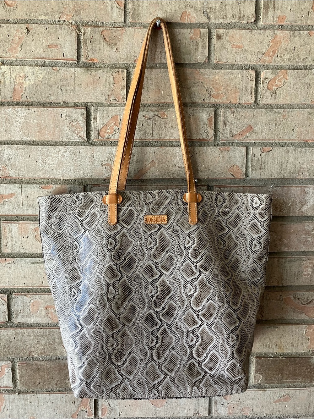 Consuela Dizzy Easy Tote Grey Reptilian Snake Embossed Leather Shoulder Bag